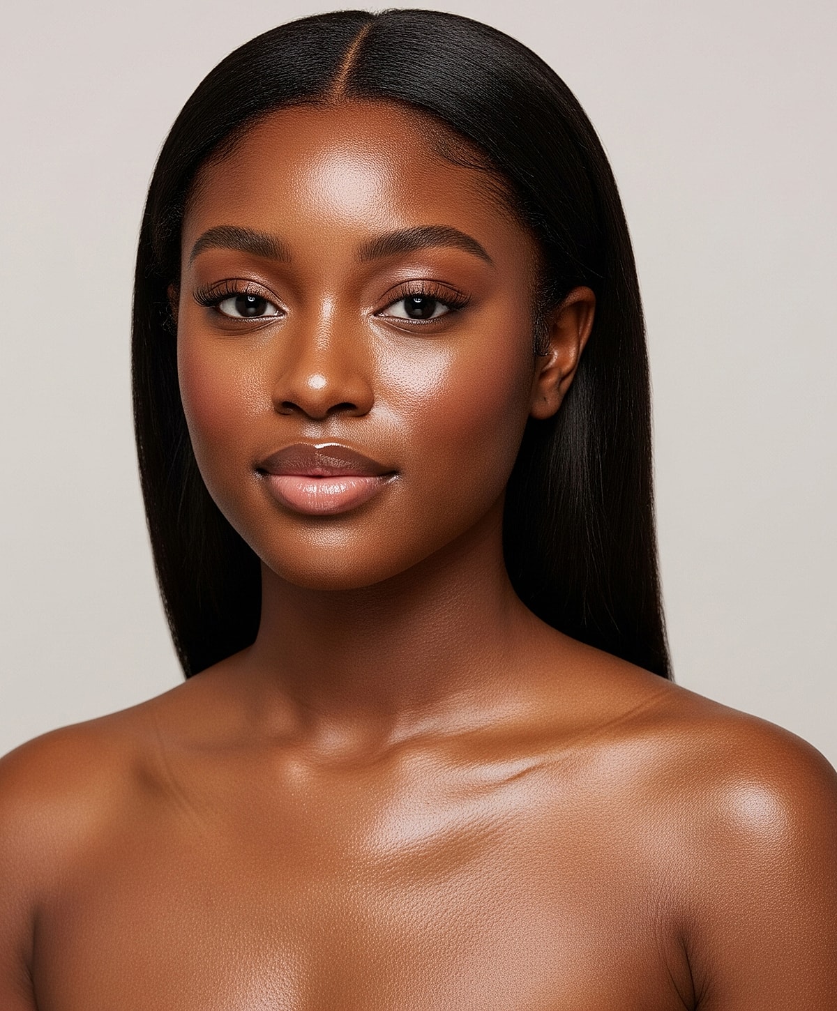 Abuja Lip Filler model with beautiful skin and red nail polish.