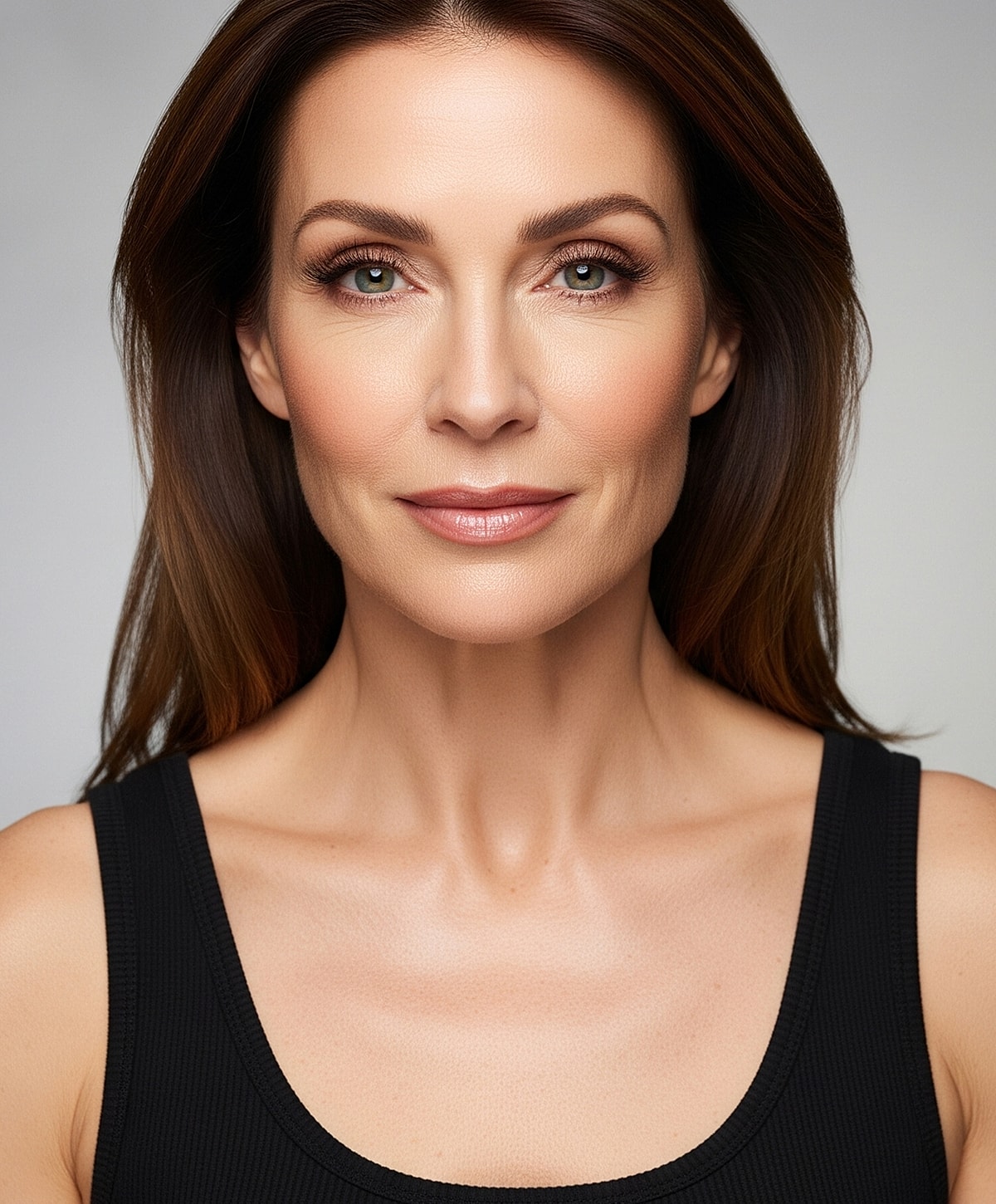 Abuja Non-Surgical Facelift model with natural makeup and long brown hair.