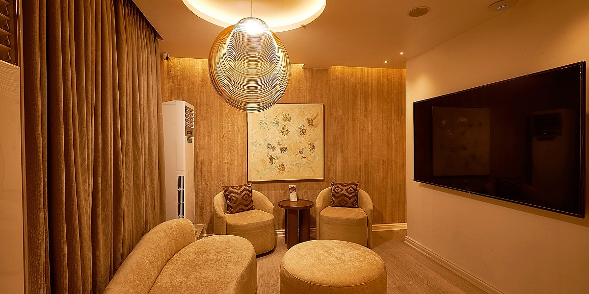 Cozy modern living room with artistic decor.