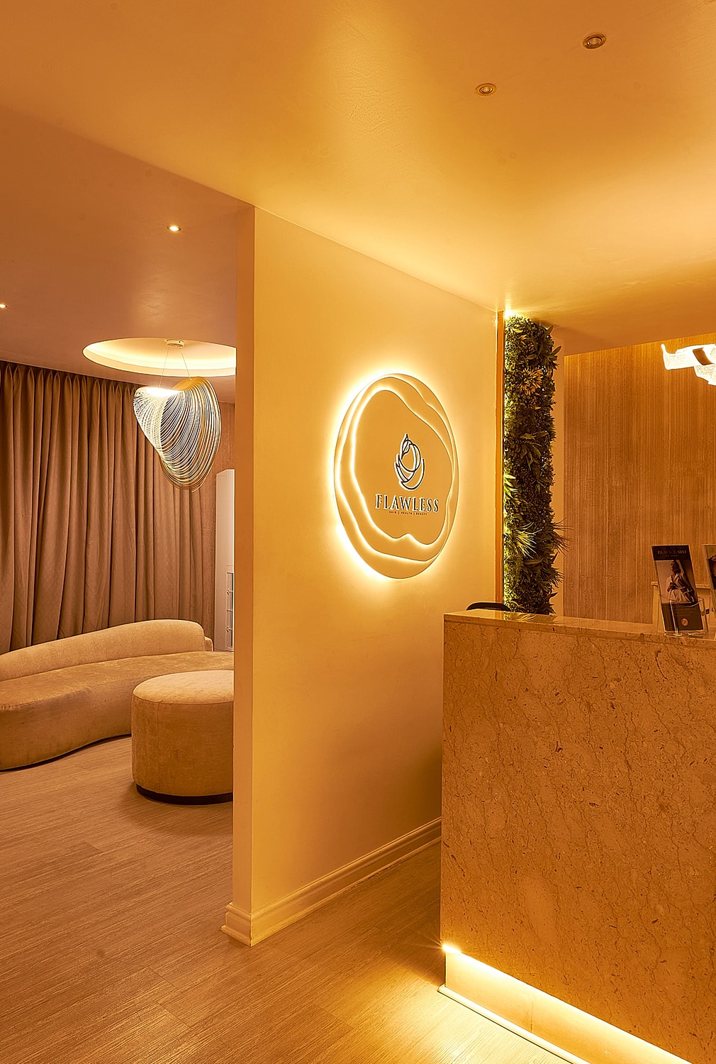 Spa reception area with warm lighting and decor.