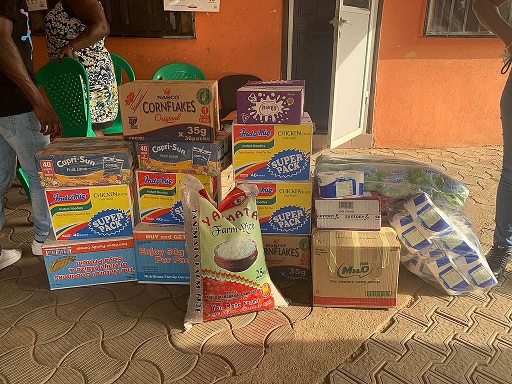 Food items stacked for distribution or donation.