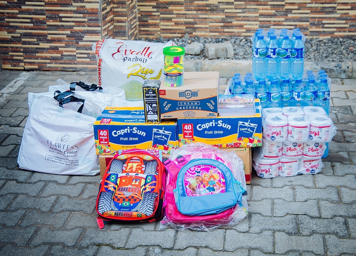 Assorted food items and children's backpacks.