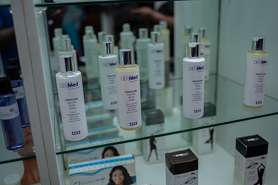 Skincare products displayed on shelves.