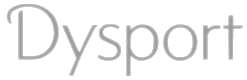 Dysport logo design in gray text