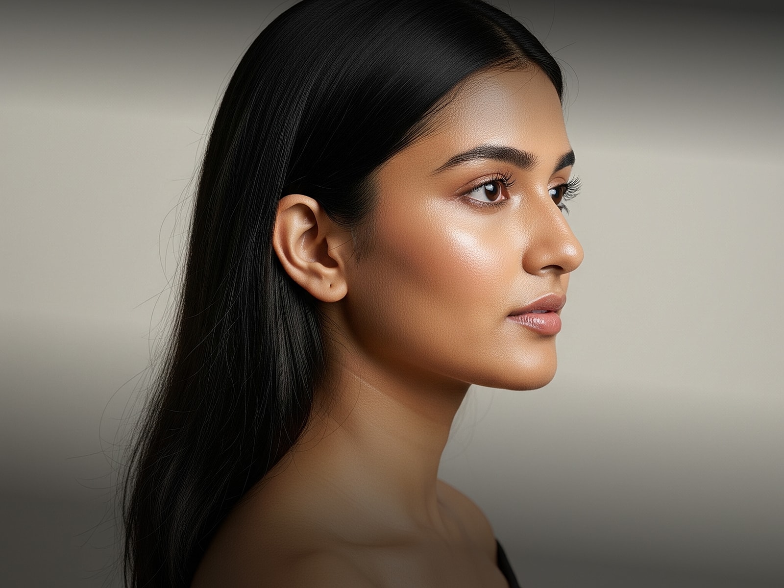 Profile view of a woman with long hair.