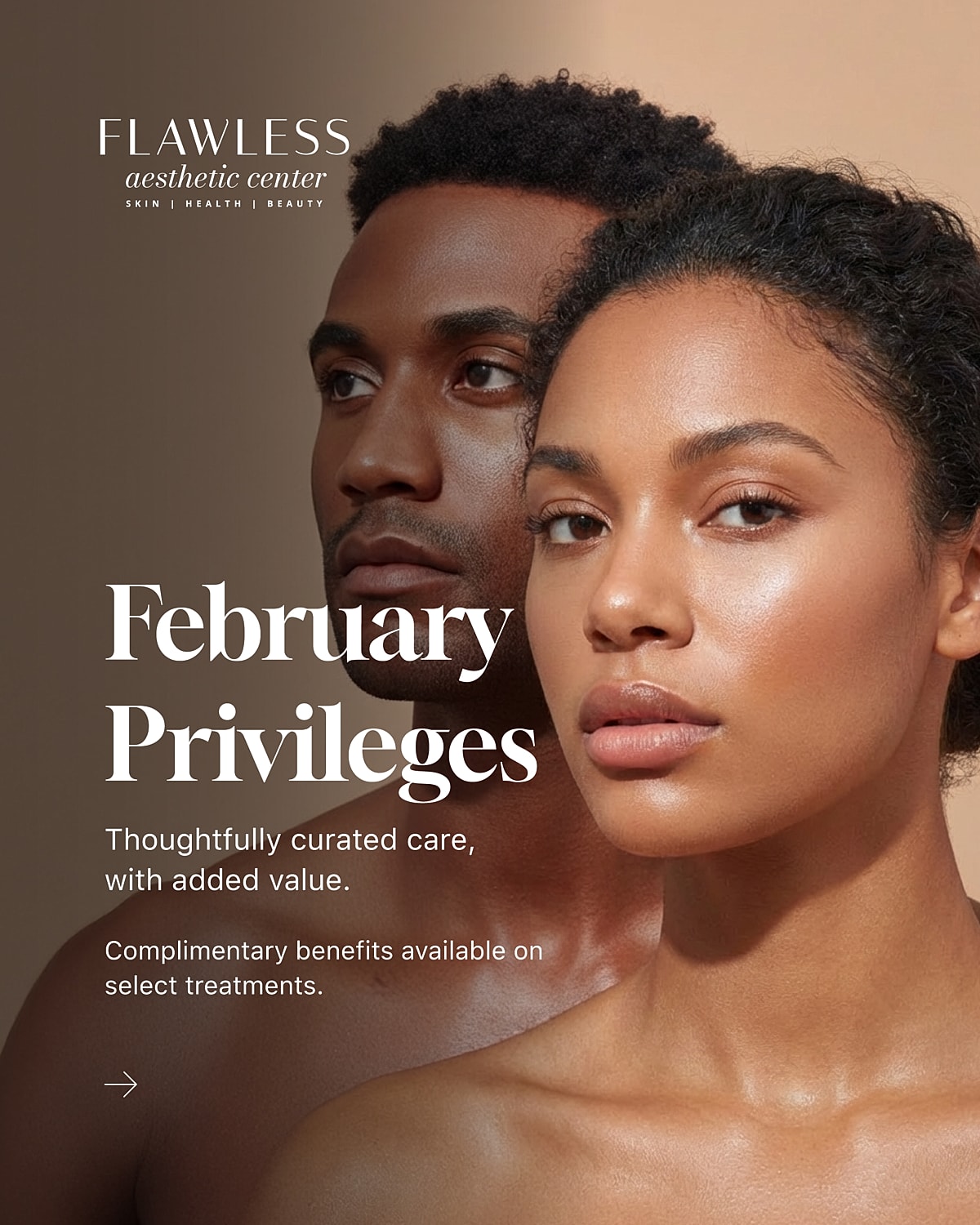 Aesthetic center promotional image for February privileges.